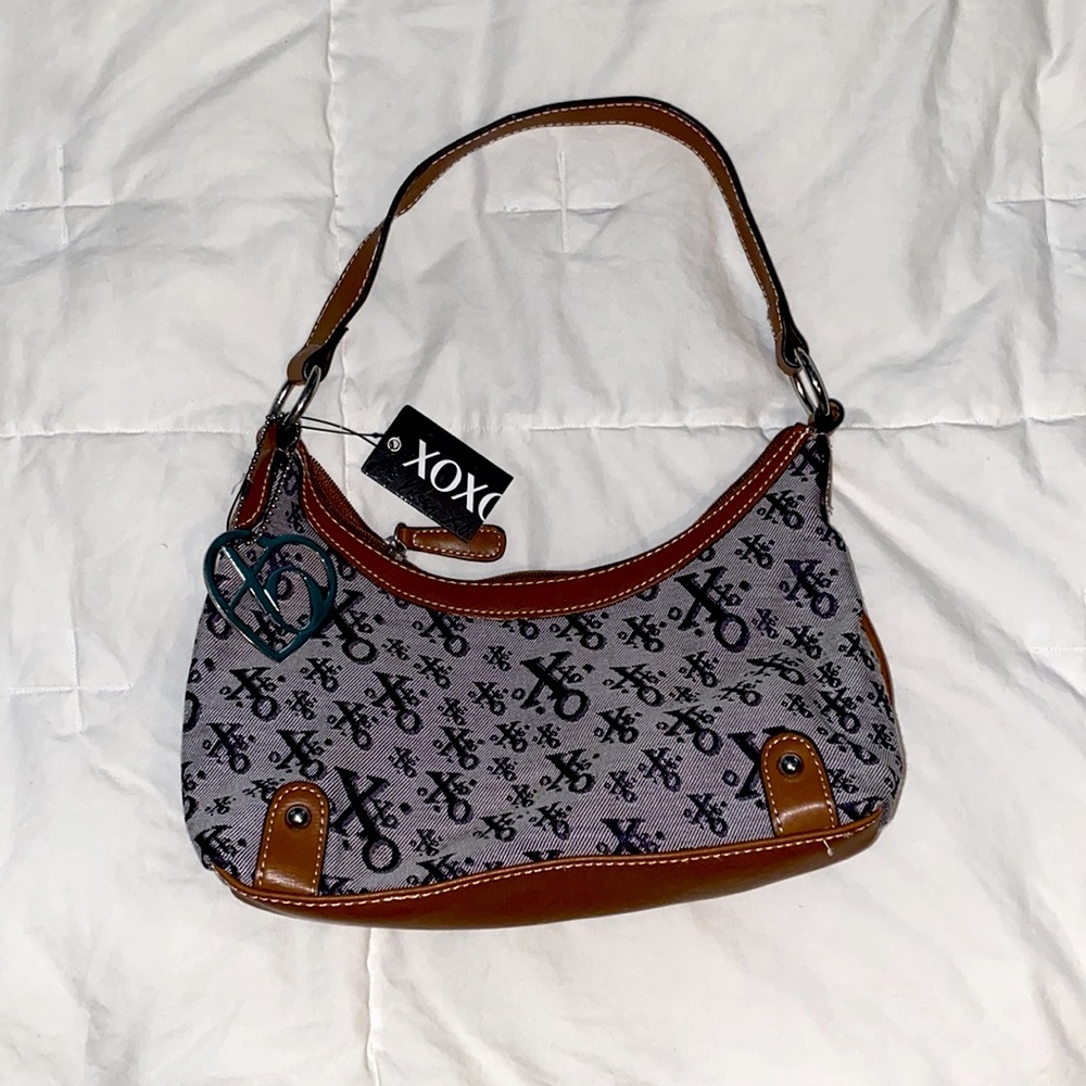 XOXO Shoulder handbag, brown faux leather with gray and purple/dark blue details